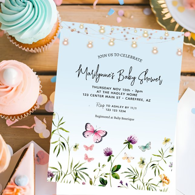 Invitación Guión azul mariposa flor silvestre Baby Shower (Subido por el creador)
