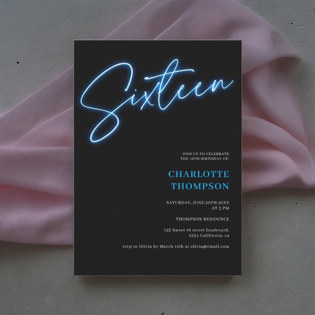 Invitación Guión azul neón retro foto negro Sweet 16 (Cool neon blue script retro black photo Sweet 16 Invitation)