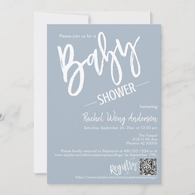 Invitación Guión azul oscuro Baby Shower QR Code Photo (Anverso)