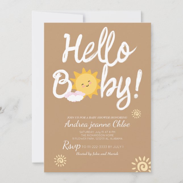 Invitación Guión Baby Shower Sunshine Simple Moderno elegante (Anverso)