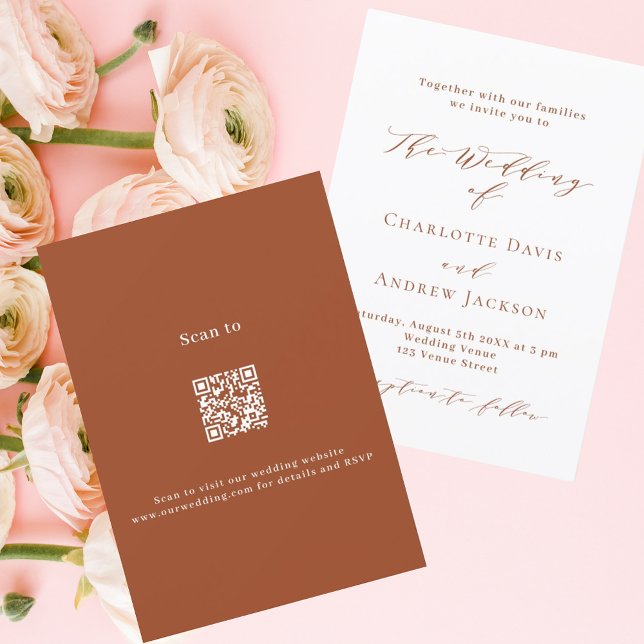 Invitación Guión blanco naranja quemado código QR boda RSVP (Subido por el creador)