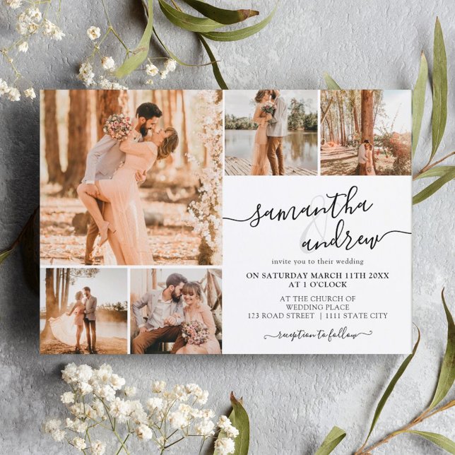 Invitación Guión blanco negro moderno 6 fotos boda (Subido por el creador)