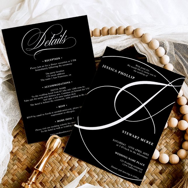 Invitación Guión blanco negro todo en un boda de caligrafía (Script white black all in one calligraphy wedding invitation)