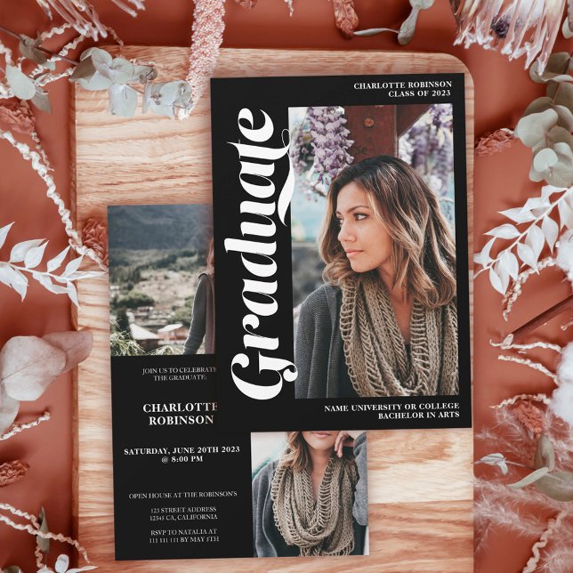 Invitación Guión blanco sobre graduado negro 3 graduación fot (Subido por el creador)