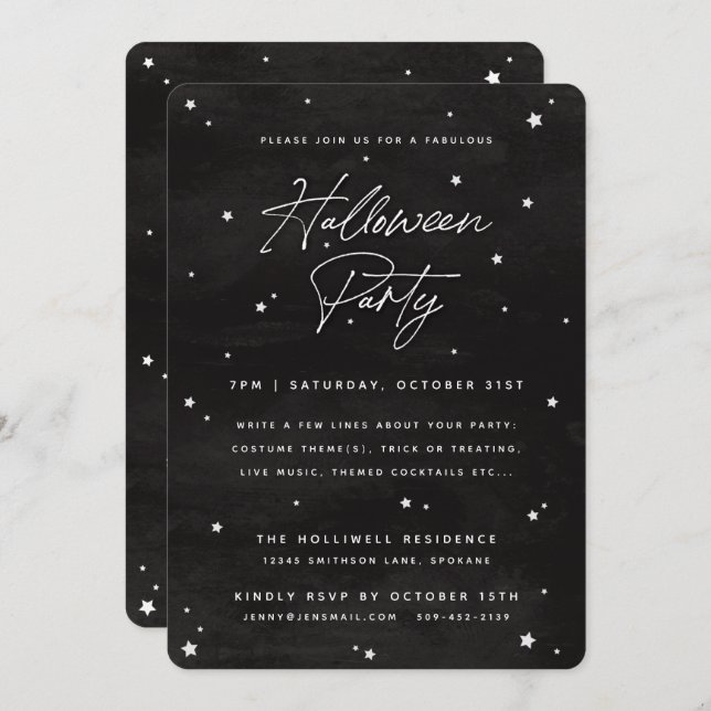 Invitación Guión blanco y negro Esparcimiento de estrellas Fi (Anverso / Reverso)