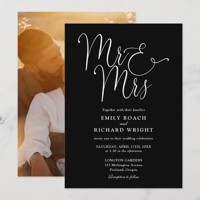 Invitación Guión Blanco Y Negro Sr. Y Sra. Boda Fotográfico (Anverso / Reverso)