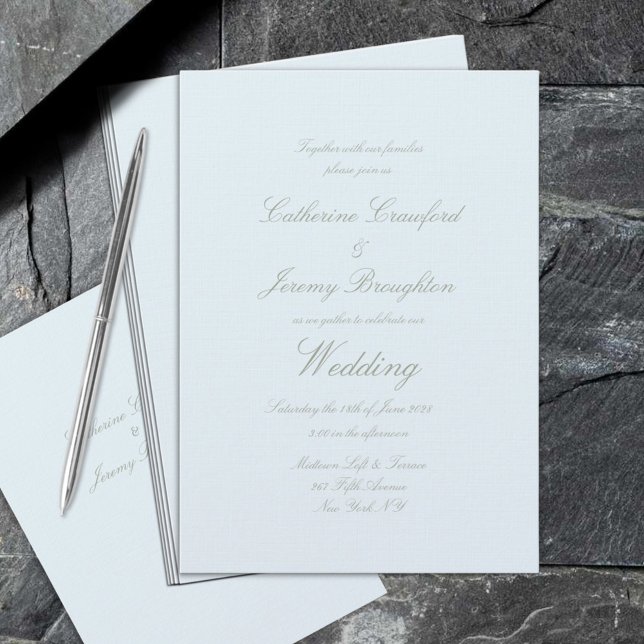 Invitación Guión Boda de línea azul en polvo clásico (Classic Powder Blue Linen Wedding Script Invitation)