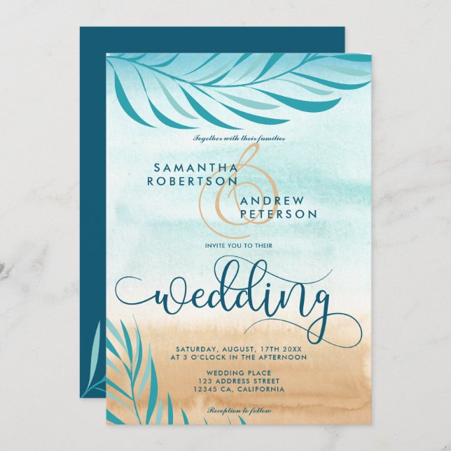 Invitación Guión boda de moda de la playa de palma tropical (Anverso / Reverso)