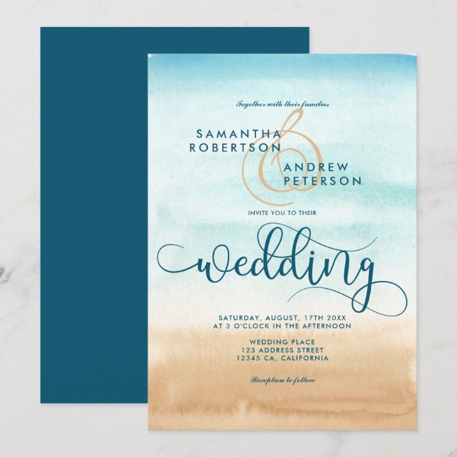 Invitación Guión boda de moda de playa de destino de verano (Anverso / Reverso)