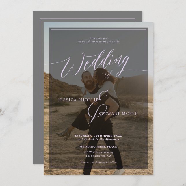 Invitación Guión boda moderno de lavanda periwinkle 2 fotos (Anverso / Reverso)