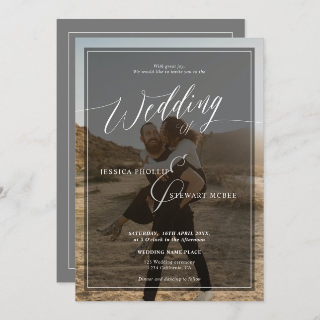 Invitación Guión boda moderno en blanco y negro 2 fotos (Anverso / Reverso)