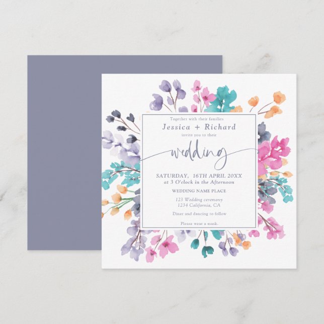 Invitación Guión boda rosa de lavanda floral de campo moderno (Anverso / Reverso)