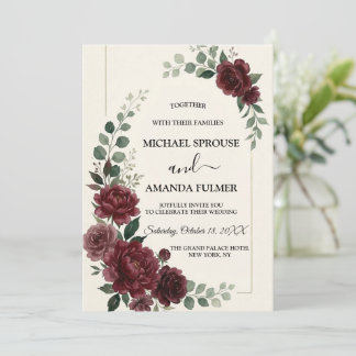 Invitación Guión Botánico de Boda Borgoña Elegante Rosa