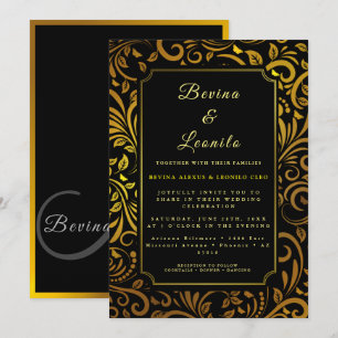 Invitación Guión botánico elegante de oro sin mar M   BODA