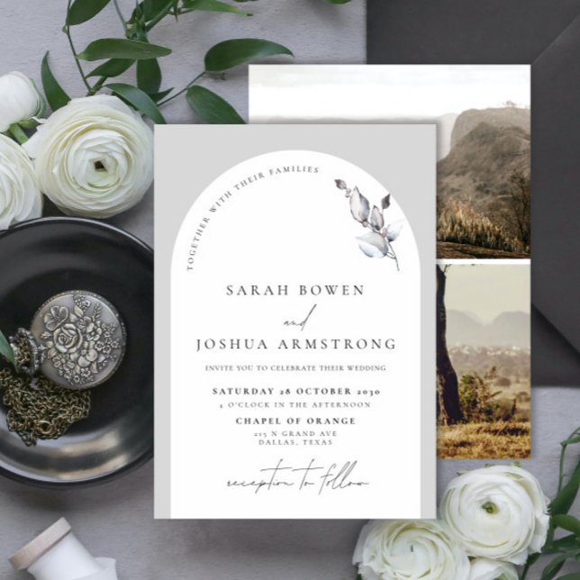 Invitación Guión botánico moderno de arca gris 2 Boda fotográ (Subido por el creador)