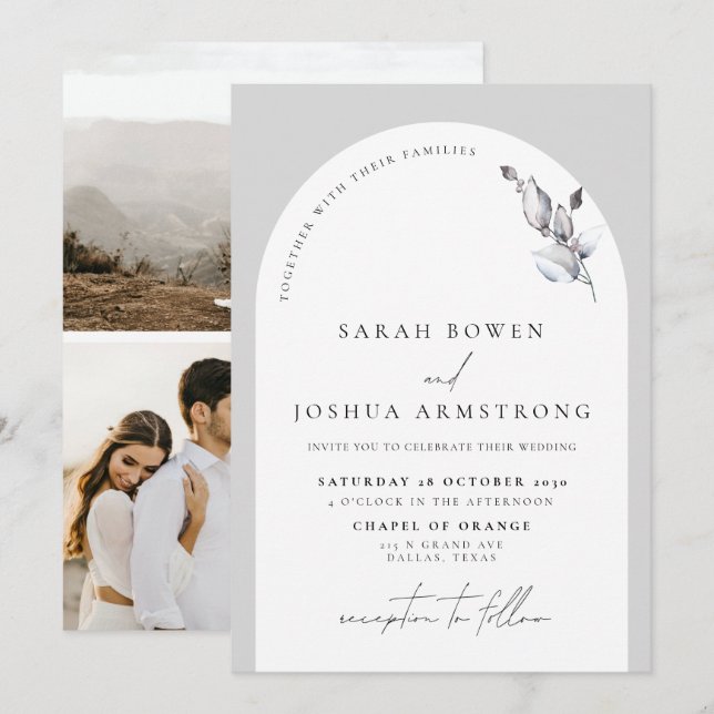 Invitación Guión botánico moderno de arca gris 3 Boda fotográ (Anverso / Reverso)