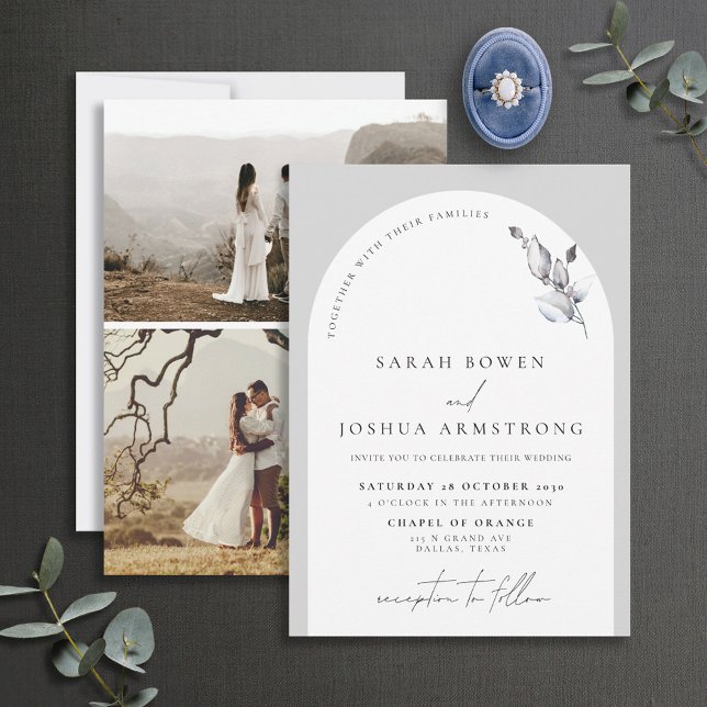 Invitación Guión botánico moderno de arca gris 3 Boda fotográ (Subido por el creador)