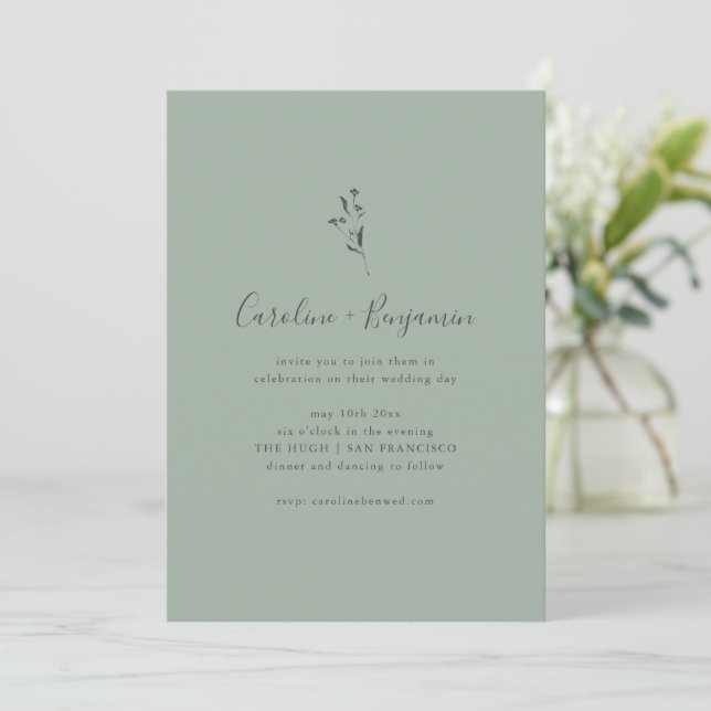 Invitación Guion botánico simple Bodas Boho Verde Salvia (Anverso de pie)