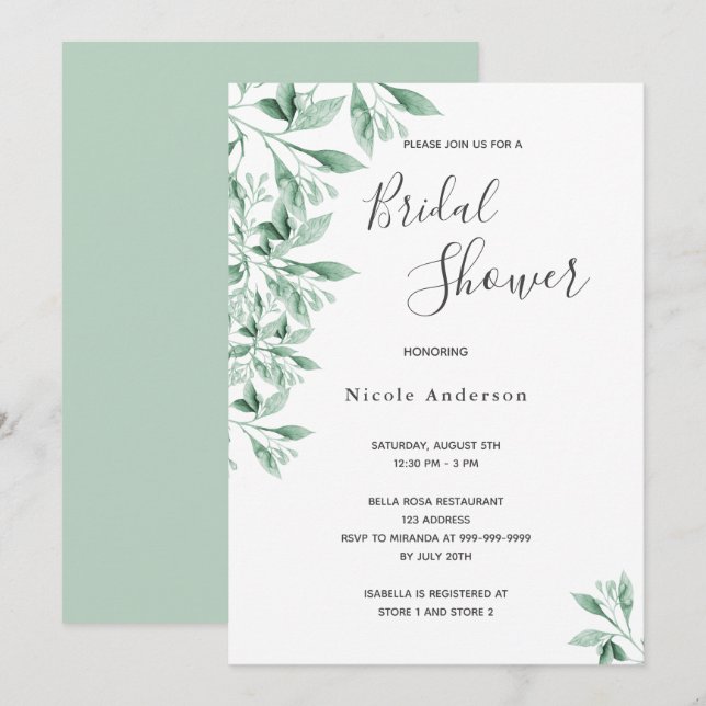 Invitación Guión botánico verde verde verde Ducha de novia (Anverso / Reverso)