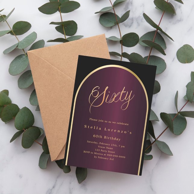 Invitación Guión burdeos negro sobre el arco dorado 60 cumple (Subido por el creador)