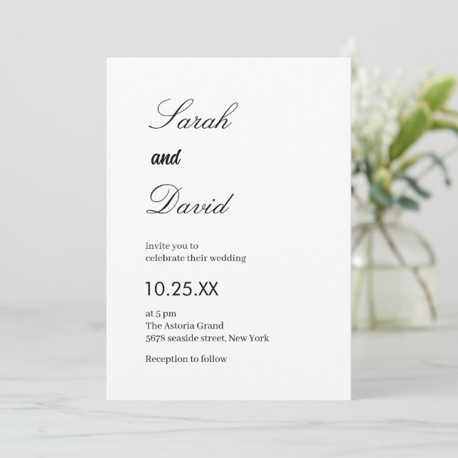 Invitación Guión caligráfico boda blanco y negro de moda (Anverso de pie)