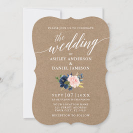 Invitación Guión caligráfico Boda floral rosa azul Kraft