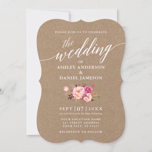 Invitación Guión caligráfico Boda floral rosa Kraft (Anverso)