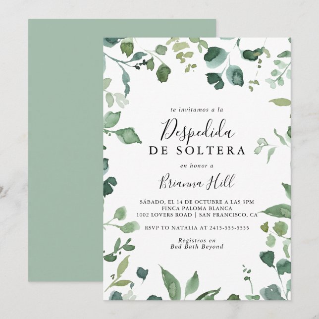Invitación Guión caligráfico Foliage Ducha de novias española (Anverso / Reverso)