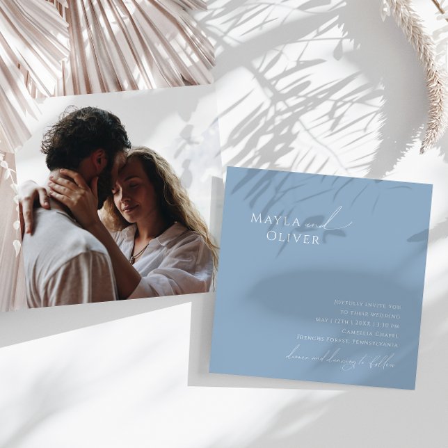 Invitación Guión caprichoso | Boda de Dusty Blue Photo Square (Subido por el creador)