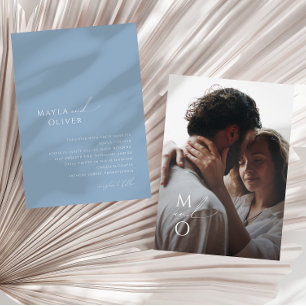 Invitación Guión caprichoso   Boda fotográfico monograma azul