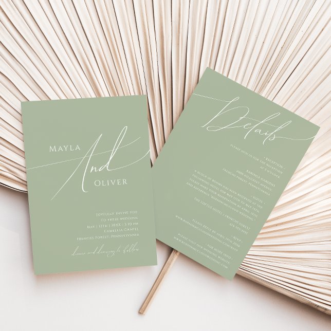 Invitación Guión caprichoso | Sage Green All In One Boda (Subido por el creador)