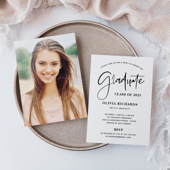 Invitación Guión casual negro y blanco | Grad Fiesta (Subido por el creador)