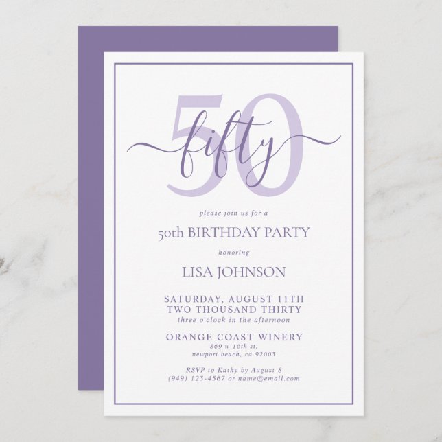 Invitación Guión clásico de la Lavanda Lilac 50 cumpleaños fo (Anverso / Reverso)