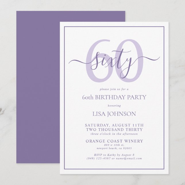 Invitación Guión clásico de Lilac Lavender de cumpleaños 60 f (Anverso / Reverso)