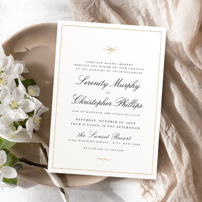 Invitación Guión Clásico Elegancia Boda Blanco Y Negro (Classic Elegance Script Black And White Wedding Invitation)