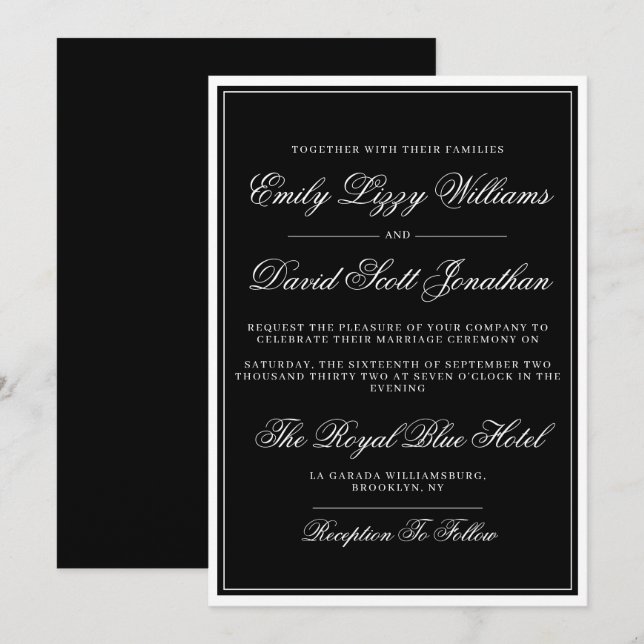 Invitación Guión clásico elegante negro tradicional (Anverso / Reverso)