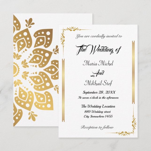 Invitación Guión clásico y motivo de oro oriental (Anverso / Reverso)