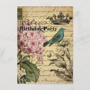 Invitación guión corona hidrangea pájaro french botánico