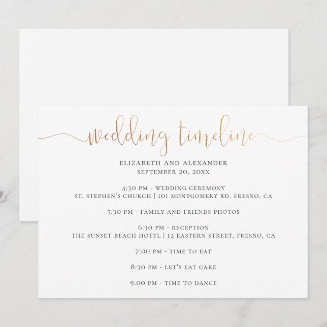 Invitación Guión cronológico de la fiesta de bodas. Caligrafí (Anverso / Reverso)