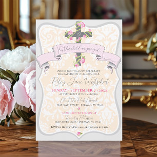 Invitación Guión Cruz Floral Damask Baptismo Bebé Bebé