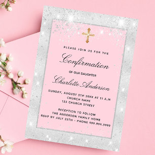 Invitación Guión cruzado de purpurina rosa plateado de confir