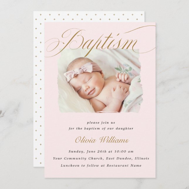 Invitación Guión cruzado oscuro y rosado sutil Typo Baptism P (Anverso / Reverso)