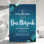 Invitación Guión de agate de color turquesa moderno Mitzvah<br><div class="desc">¡Siéntete orgulloso, regocijo y exhibe este hito de tu Bar Mitzvah favorito! Envíe esta invitación fresca, única, moderna, personalizada, con nombres hebreos para un evento que recordar. Tipografía de escritura blanca y una falsa estrella dorada de David superponen un fondo oscuro azul turquesa profundo con agate azul turquesa acentuado con...</div>