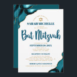 Invitación Guión de agate turquesa de bat Mitzvah 2 Venue Mod<br><div class="desc">¡Estén orgullosos, regocijaos y exhiban este hito de su Bat Mitzvah favorito! Envíe esta invitación fresca, única, moderna y personalizada para un evento que recordar. La tipografía de escritura azul verde azulada oscura y el falso oro Estrella de David superponen un fondo blanco simple y limpio con agate azul turquesa...</div>