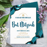 Invitación Guión de agio turquesa moderno y simple de Bat Mit<br><div class="desc">¡Estén orgullosos, regocijaos y exhiban este hito de su Bat Mitzvah favorito! Envíe esta invitación fresca, única, moderna y personalizada para un evento que recordar. La tipografía de escritura azul verde azulada oscura y el falso oro Estrella de David superponen un fondo blanco simple y limpio con agate azul turquesa...</div>