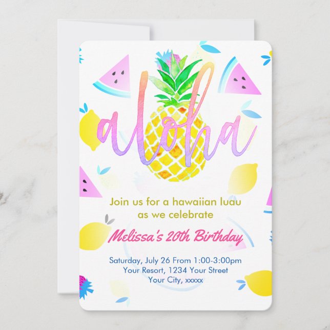 Invitación guión de aloha para fiesta de cumpleaños tropical (Anverso)