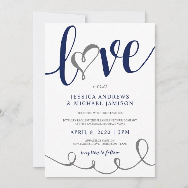 Invitación Guión de Amor de Boda Azul Marino y Gris Corazón (Anverso)