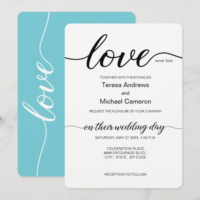 Invitación Guión de amor elegante verde azulado blanco y negr (Anverso / Reverso)