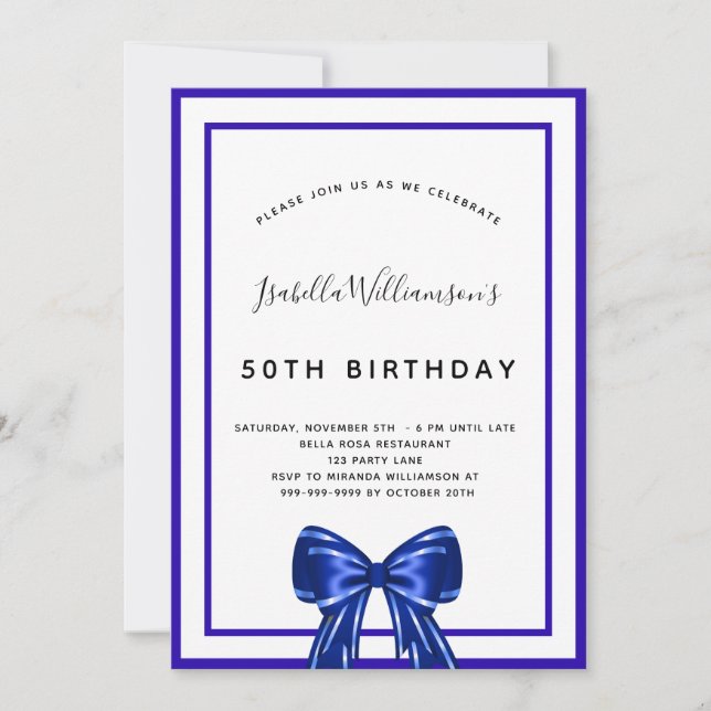 Invitación Guión de arco elegante azul real de cumpleaños (Anverso)