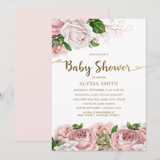 Invitación Guión de Baby Shower para la bebé floral rosa Rubo (Anverso / Reverso)